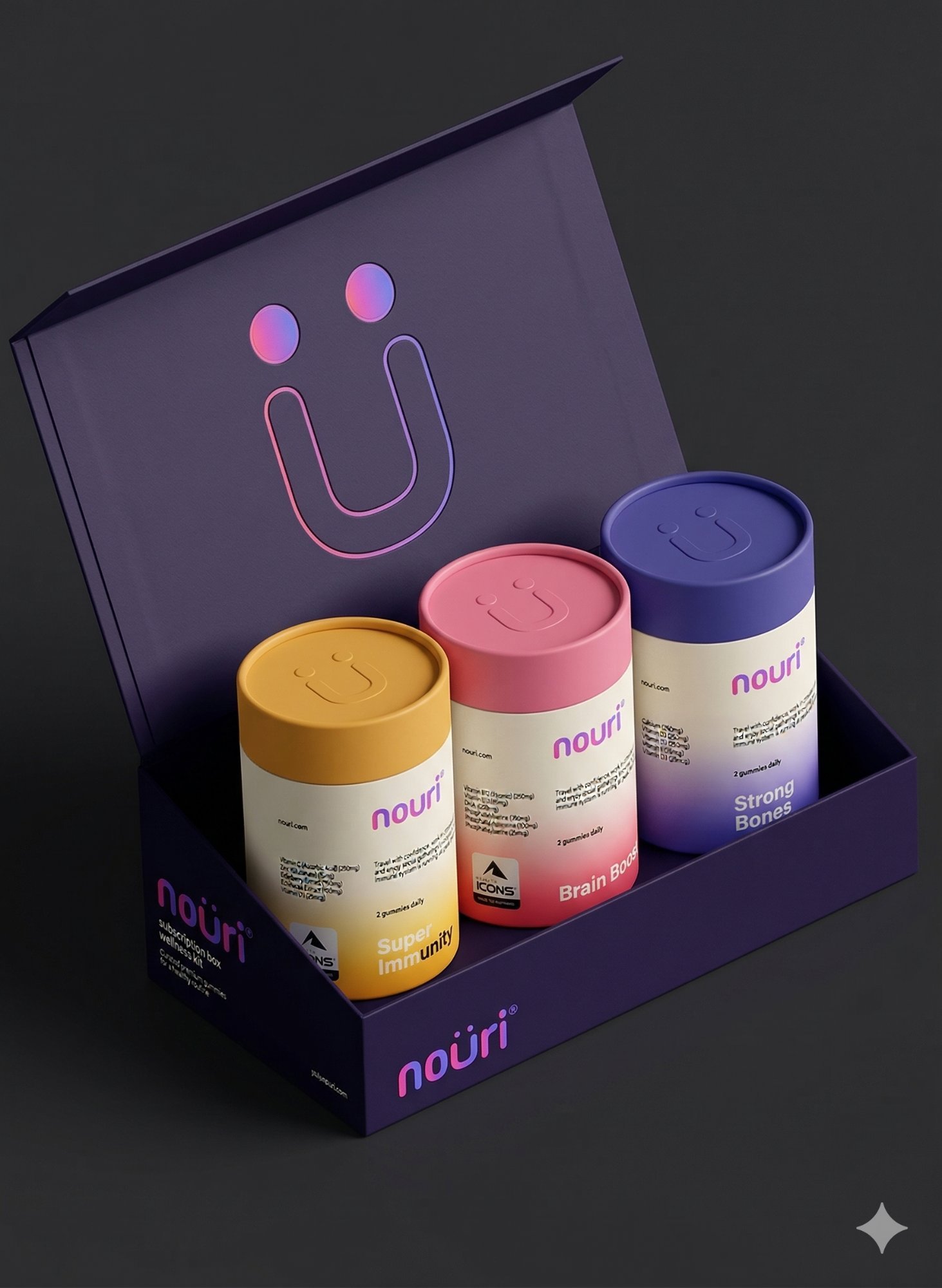 Nouri subscription box with three gummy tubes