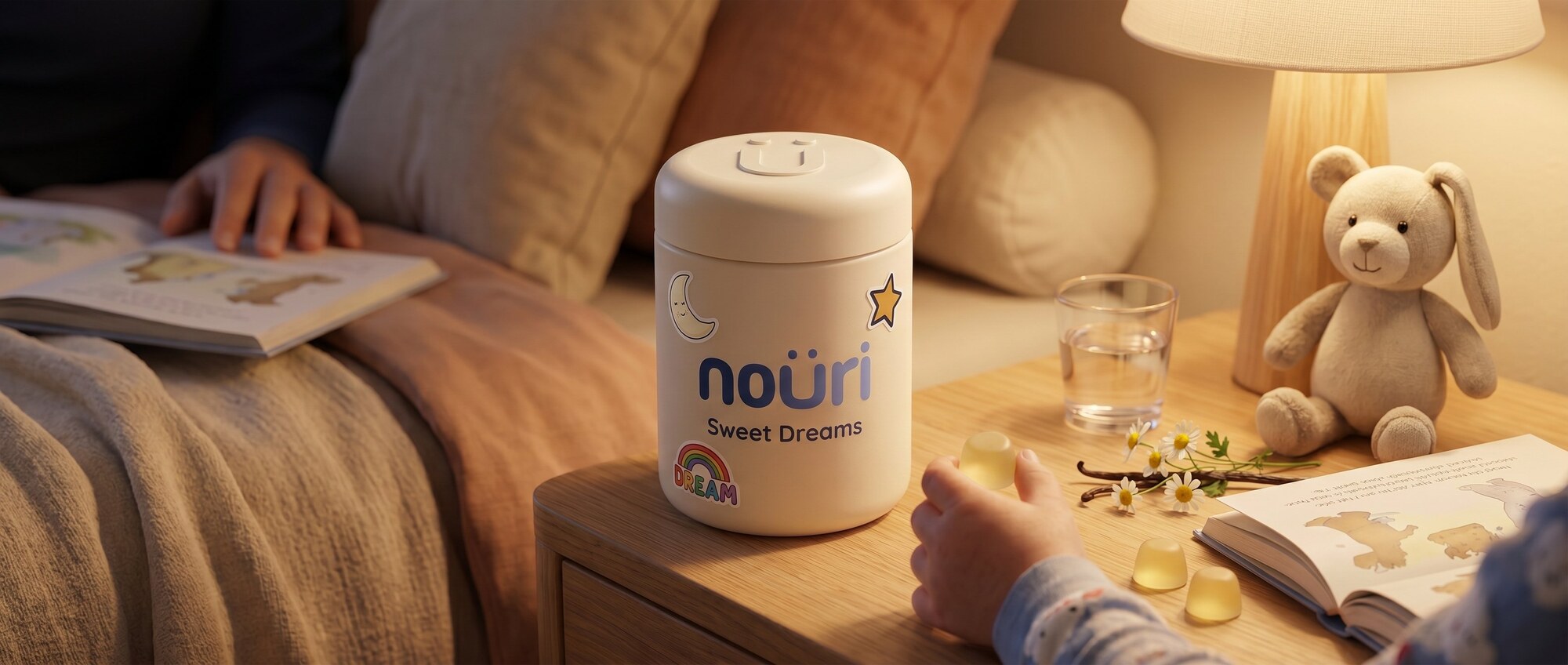 Nouri Sweet Dreams canister on a bedside table with soft lamplight and an open storybook