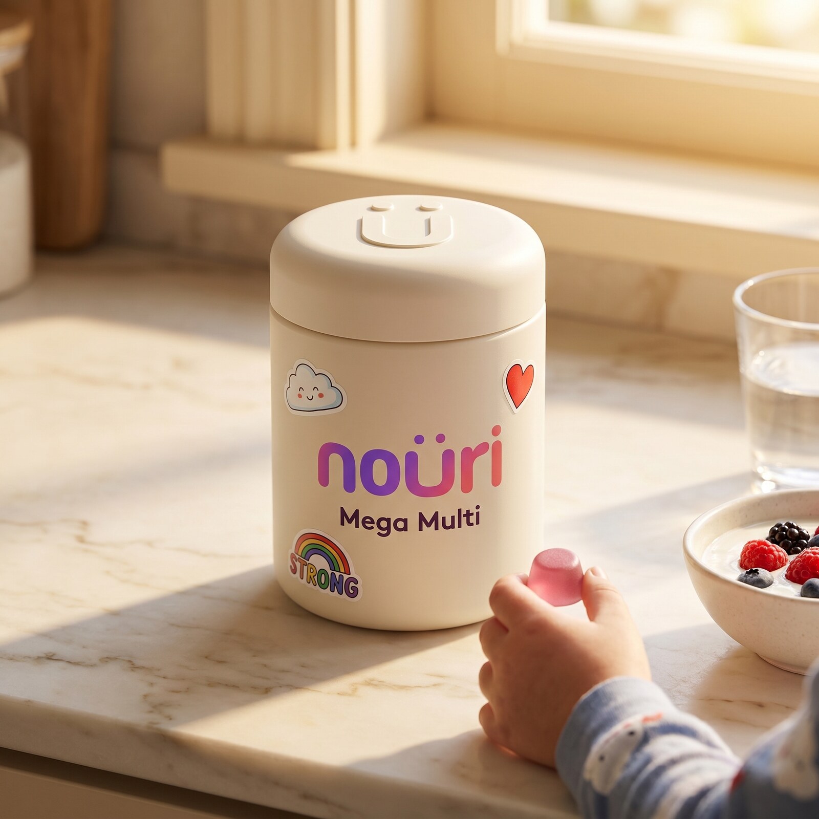 Nouri Mega Multi canister on a kitchen counter — your monthly subscription delivered